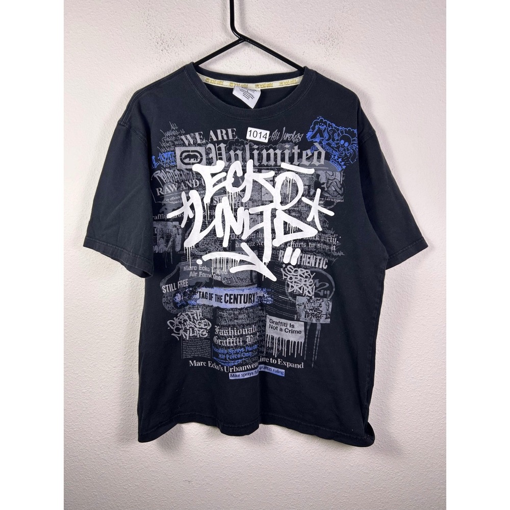 Ecko Unltd Mens Large Black Graffiti Graphic T-Shirt Tag of the Century Rhino L